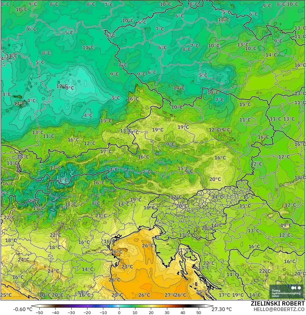 ALADIN CZ 2.3 km modelo - Austria, Dewpoint at 2m