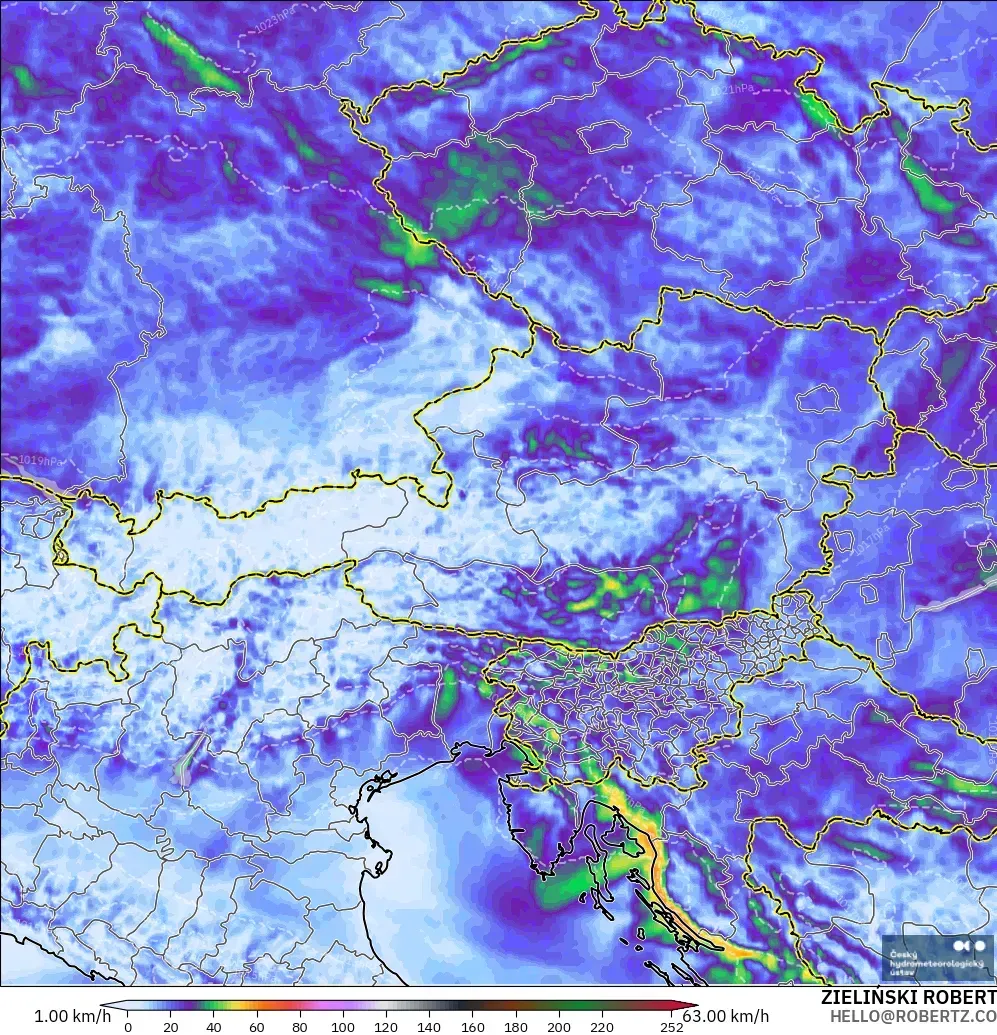 ALADIN CZ 2.3 km modelo - Austria, Wind Gusts Peak