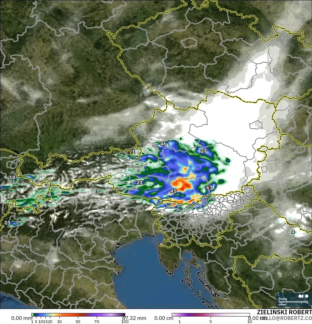 ALADIN CZ 2.3 km modelo - Austria, Precipitation, Clouds, and Pressure