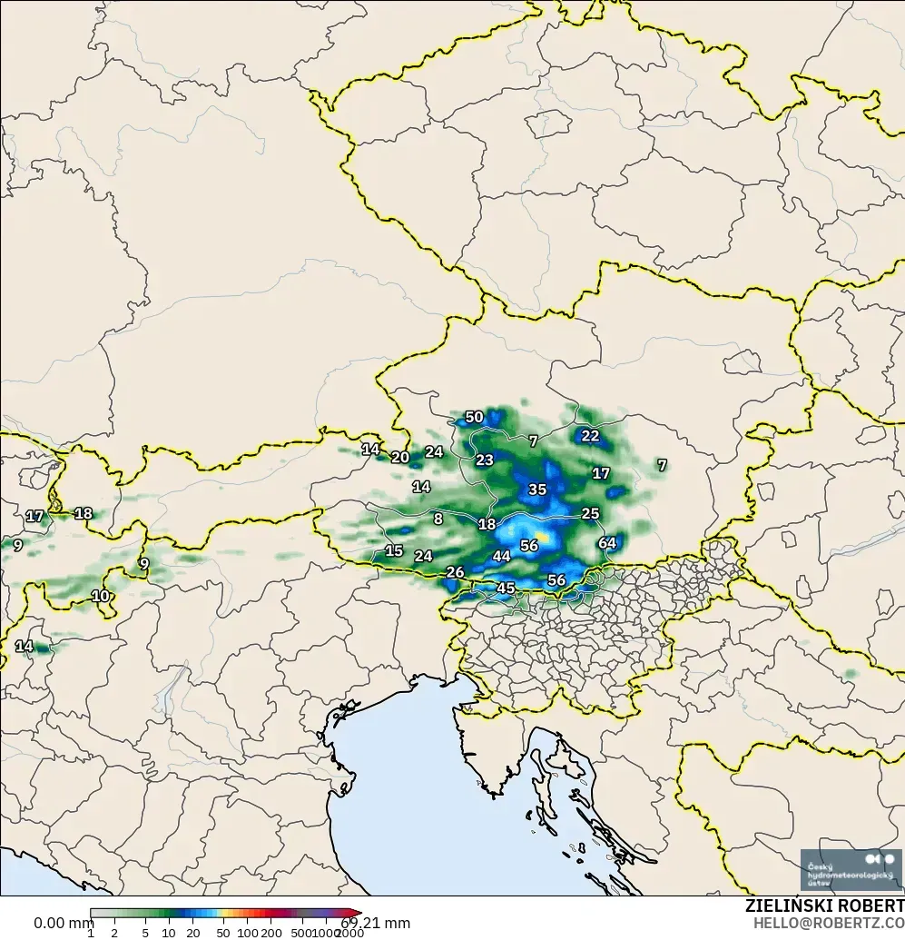 ALADIN CZ 2.3 km modelo - Austria, Precipitation Accumulation