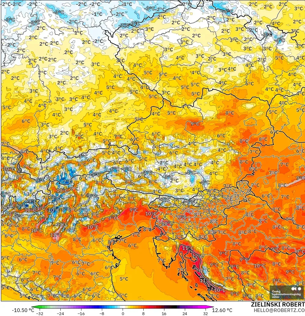 ALADIN CZ 2.3 km modelo - Austria, Temperature at 2m Anomaly
