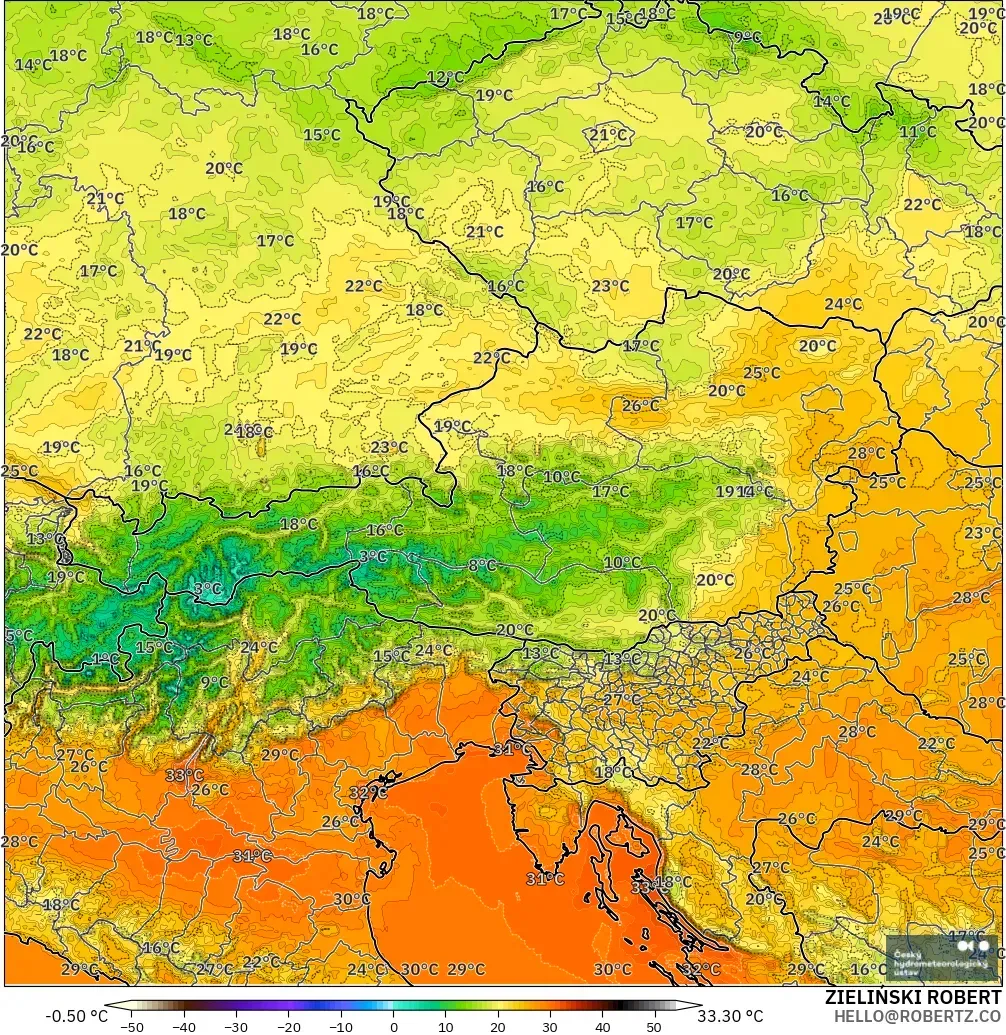 ALADIN CZ 2.3 km modelo - Austria, Temperature at 2m