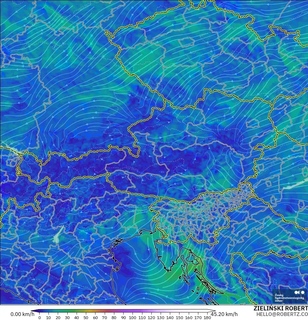 ALADIN CZ 2.3 km modelo - Austria, Wind at 10m