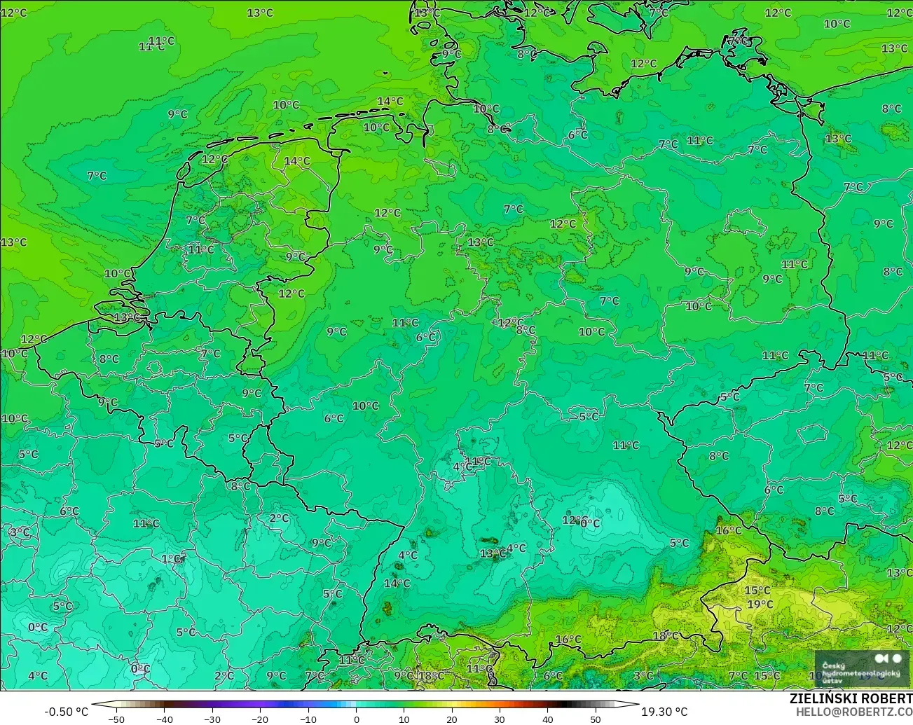 ALADIN CZ 2.3 km modelo - Germany, Dewpoint at 2m