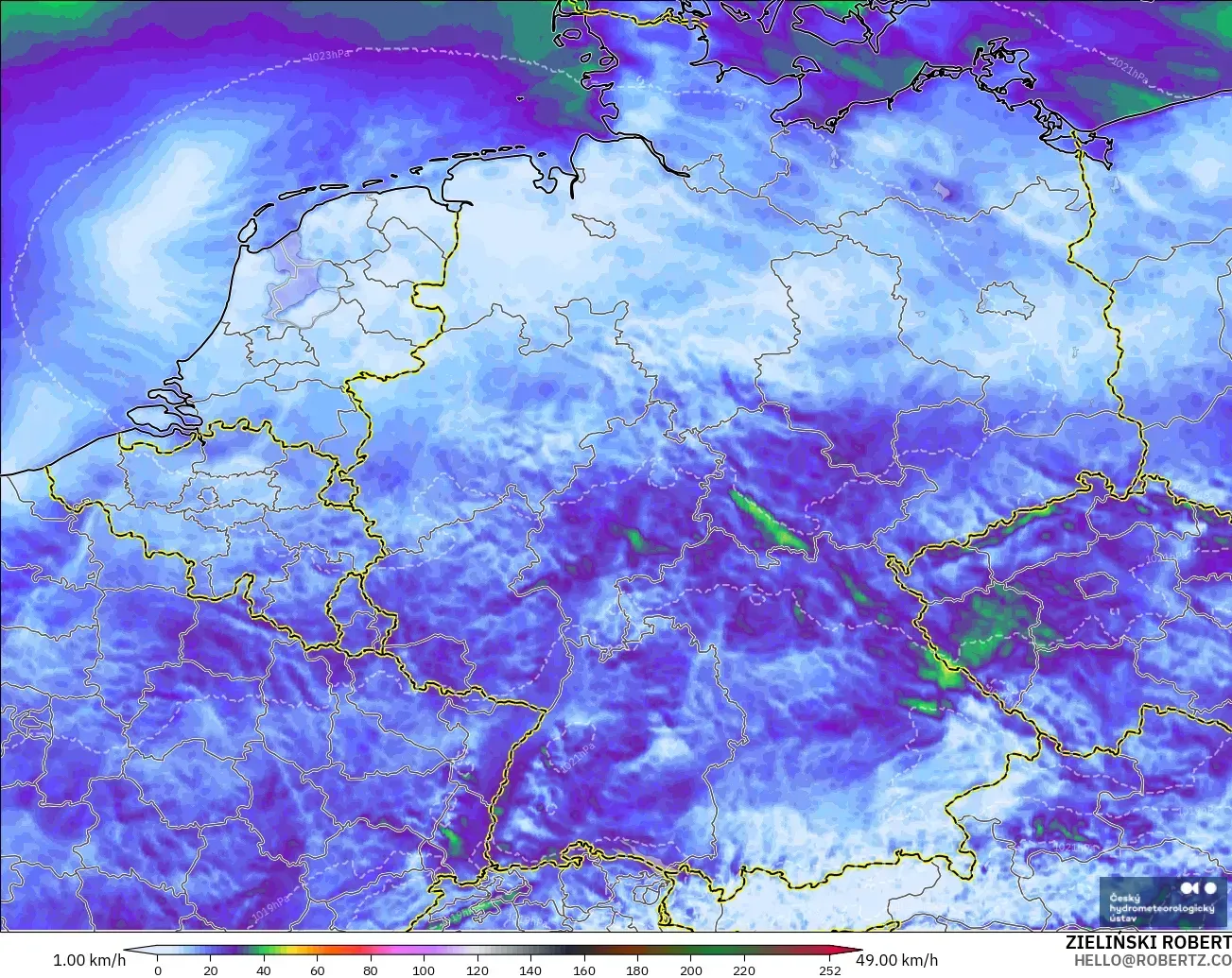 ALADIN CZ 2.3 km modelo - Germany, Wind Gusts Peak