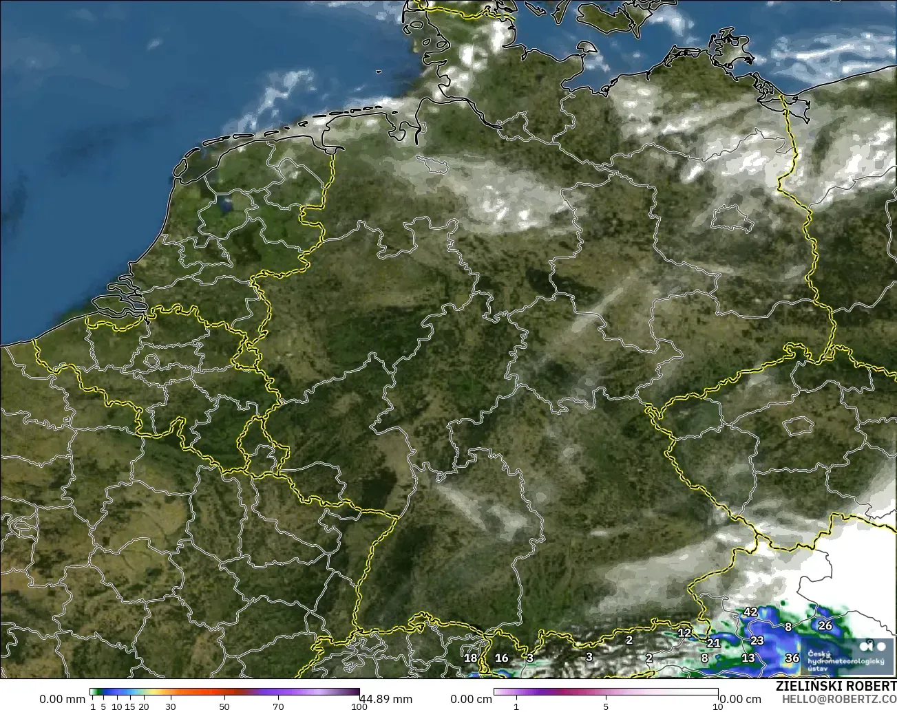 ALADIN CZ 2.3 km modelo - Germany, Precipitation, Clouds, and Pressure