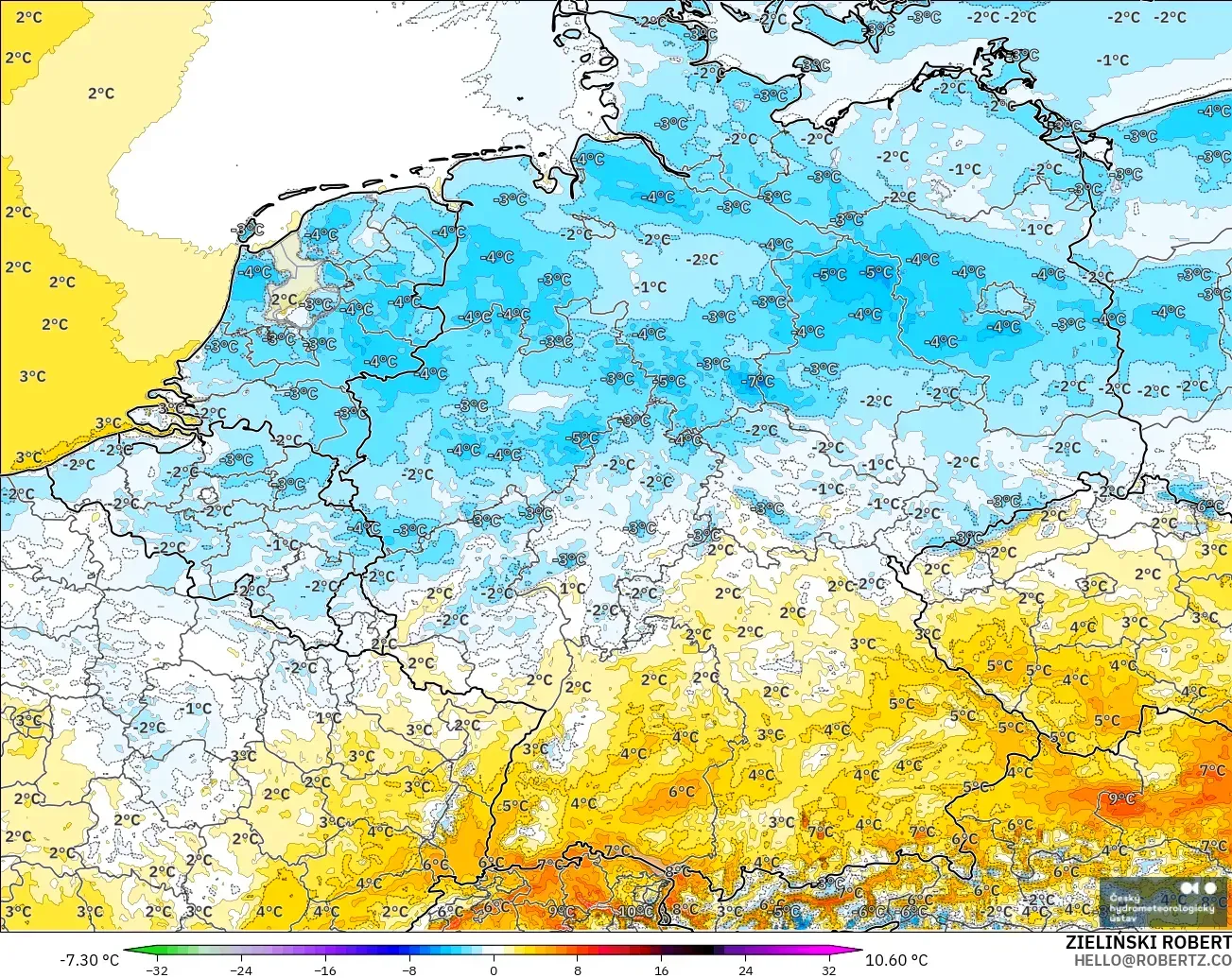 ALADIN CZ 2.3 km modelo - Germany, Temperature at 2m Anomaly