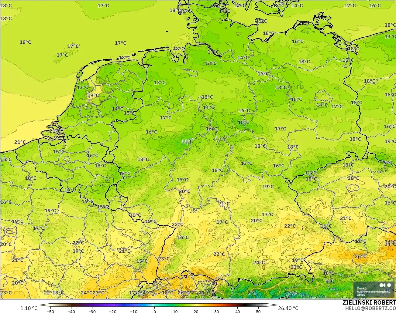 ALADIN CZ 2.3 km modelo - Germany, Temperature at 2m