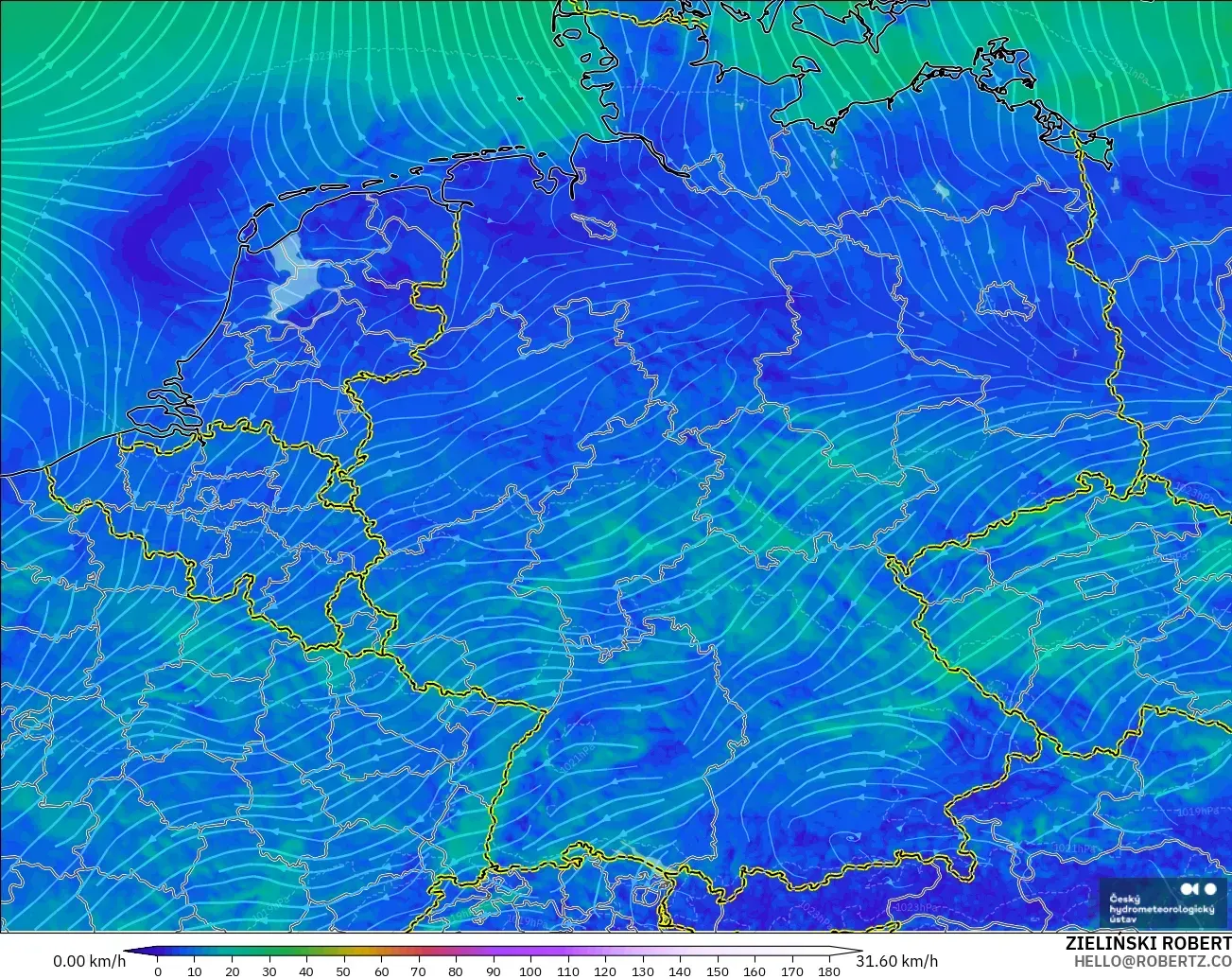 ALADIN CZ 2.3 km modelo - Germany, Wind at 10m