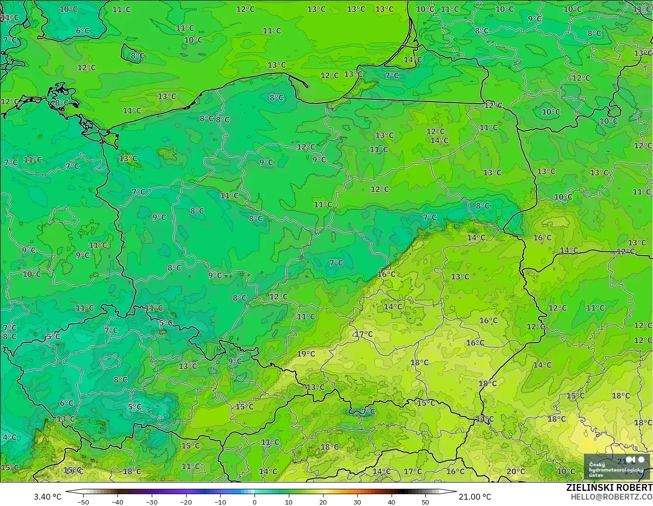 ALADIN CZ 2.3 km modelo - Poland, Dewpoint at 2m