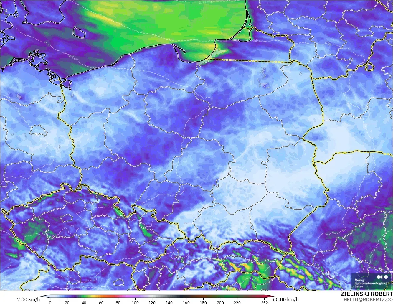 ALADIN CZ 2.3 km modelo - Poland, Wind Gusts Peak