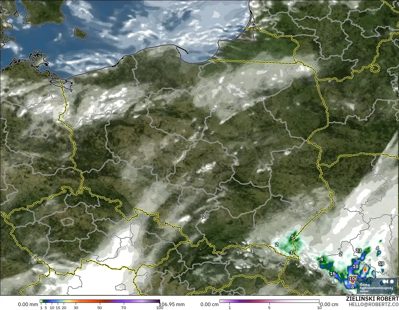ALADIN CZ 2.3 km modelo - Poland, Precipitation, Clouds, and Pressure