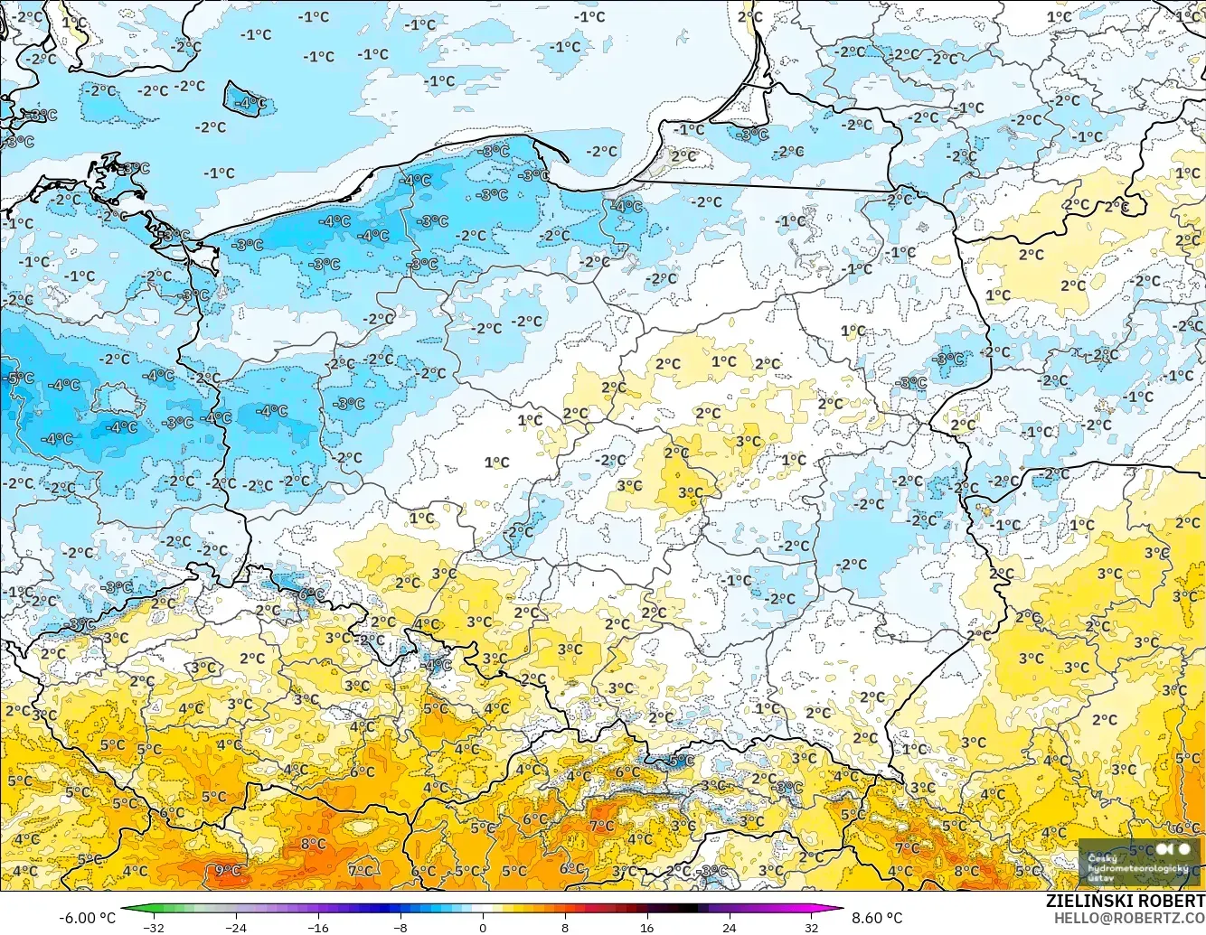 ALADIN CZ 2.3 km modelo - Poland, Temperature at 2m Anomaly