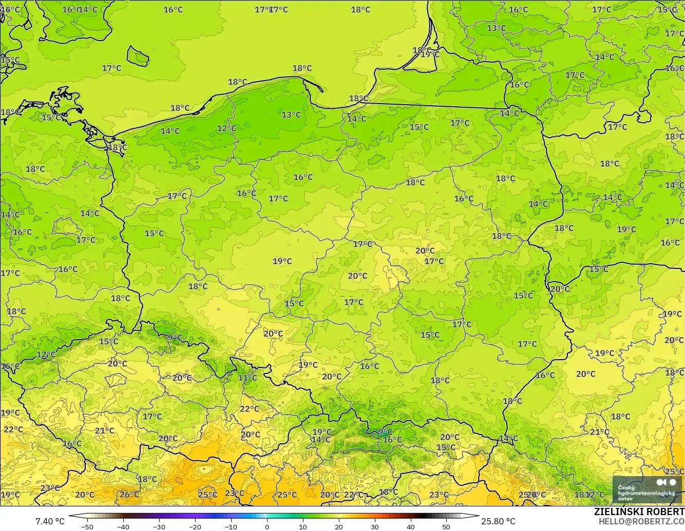 ALADIN CZ 2.3 km modelo - Poland, Temperature at 2m