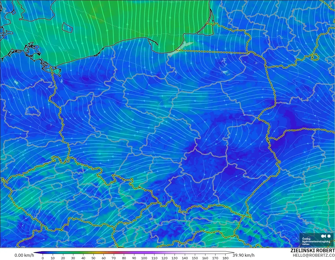 ALADIN CZ 2.3 km modelo - Poland, Wind at 10m