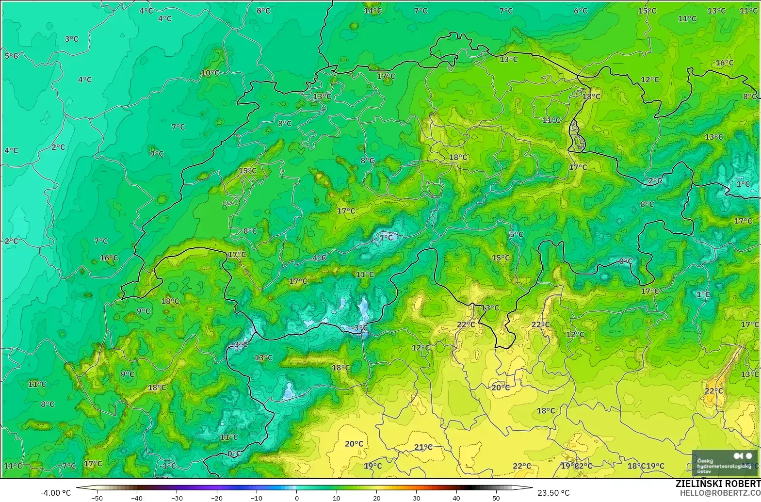 ALADIN CZ 2.3 km modelo - Switzerland, Dewpoint at 2m