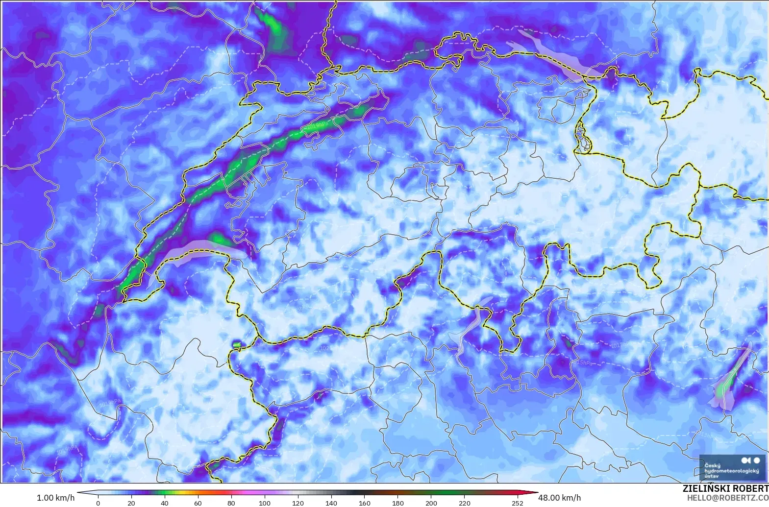 ALADIN CZ 2.3 km modelo - Switzerland, Wind Gusts Peak