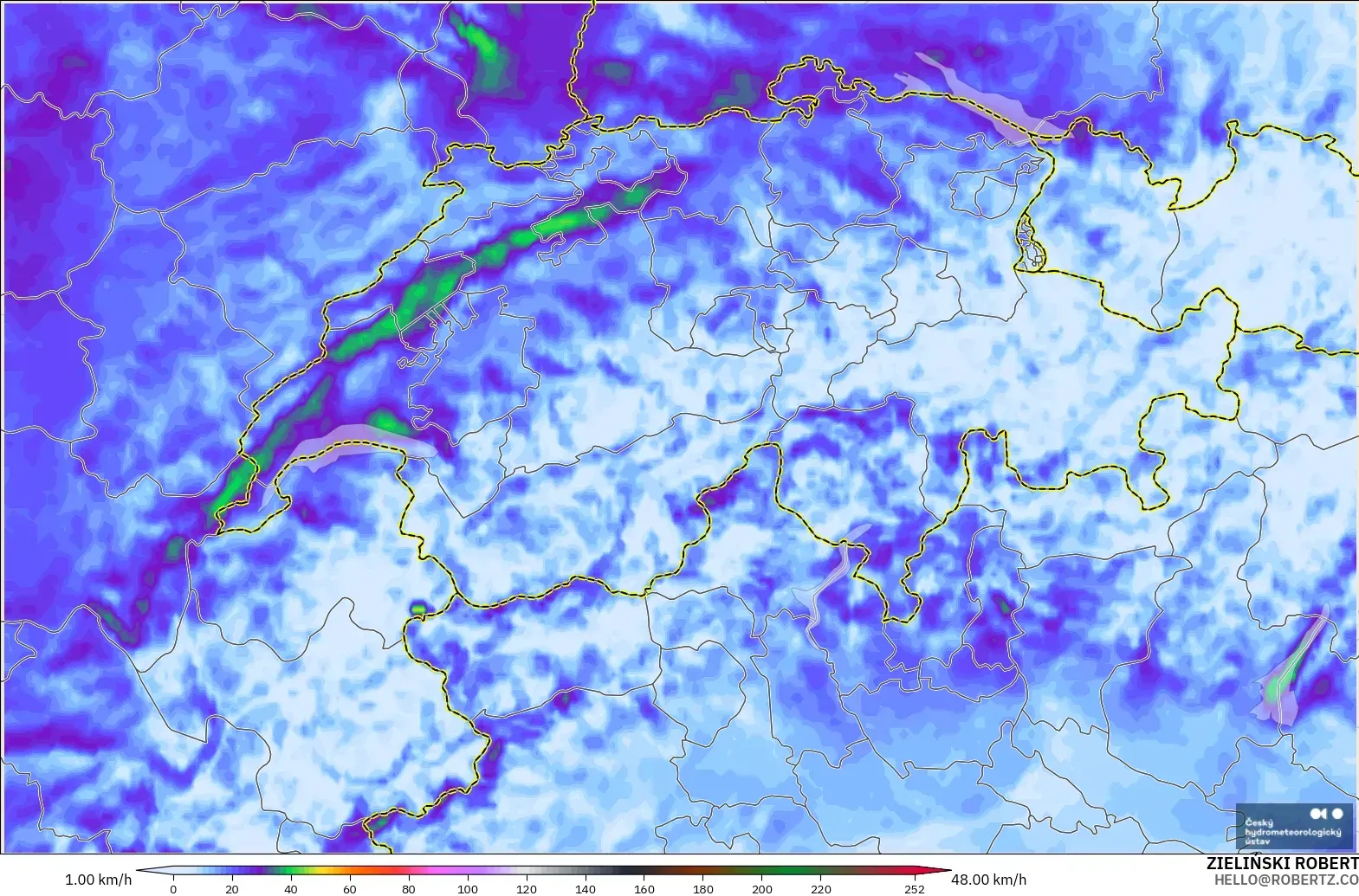 ALADIN CZ 2.3 km modelo - Switzerland, Wind Gusts
