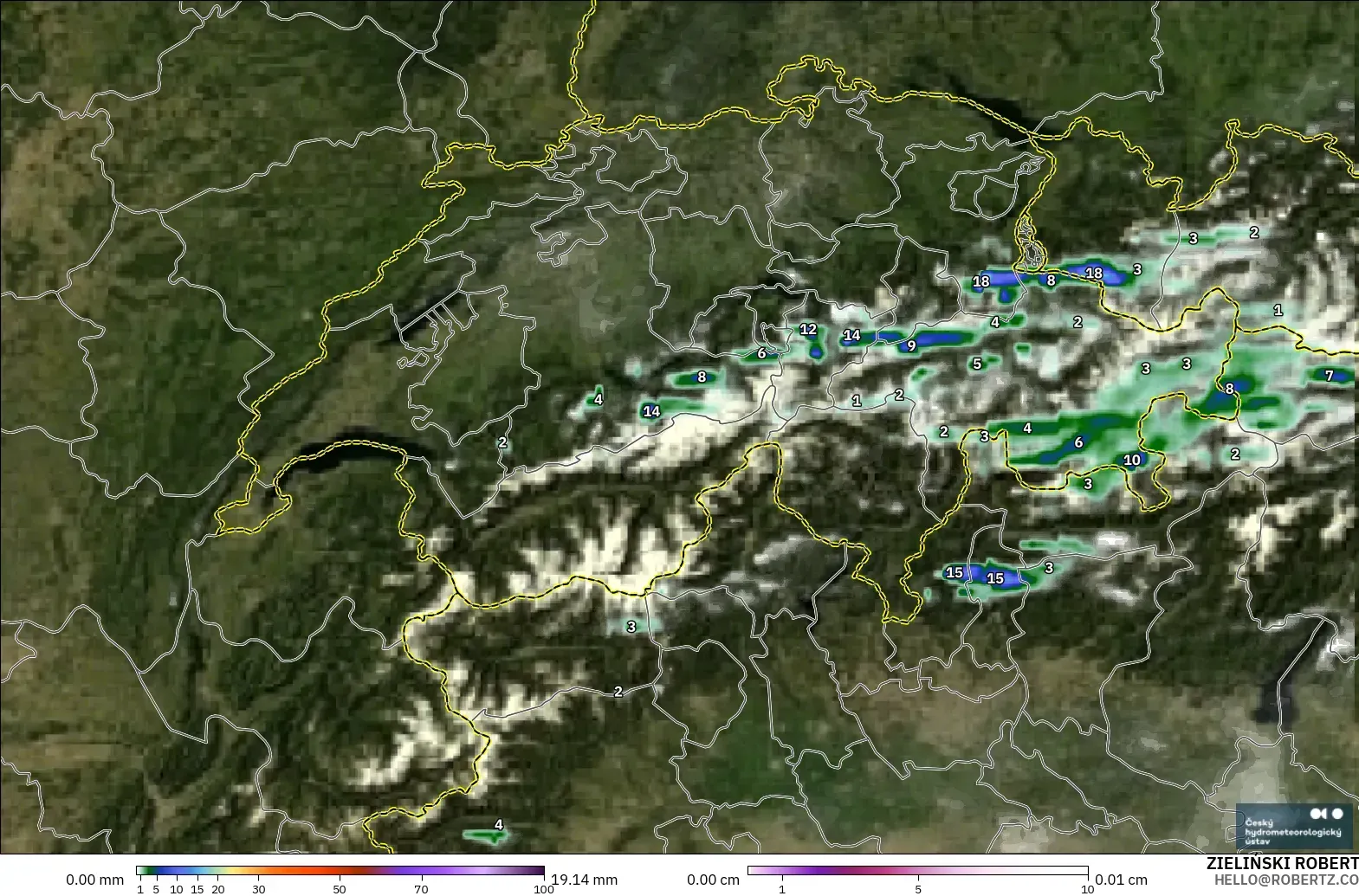 ALADIN CZ 2.3 km modelo - Switzerland, Precipitation, Clouds, and Pressure