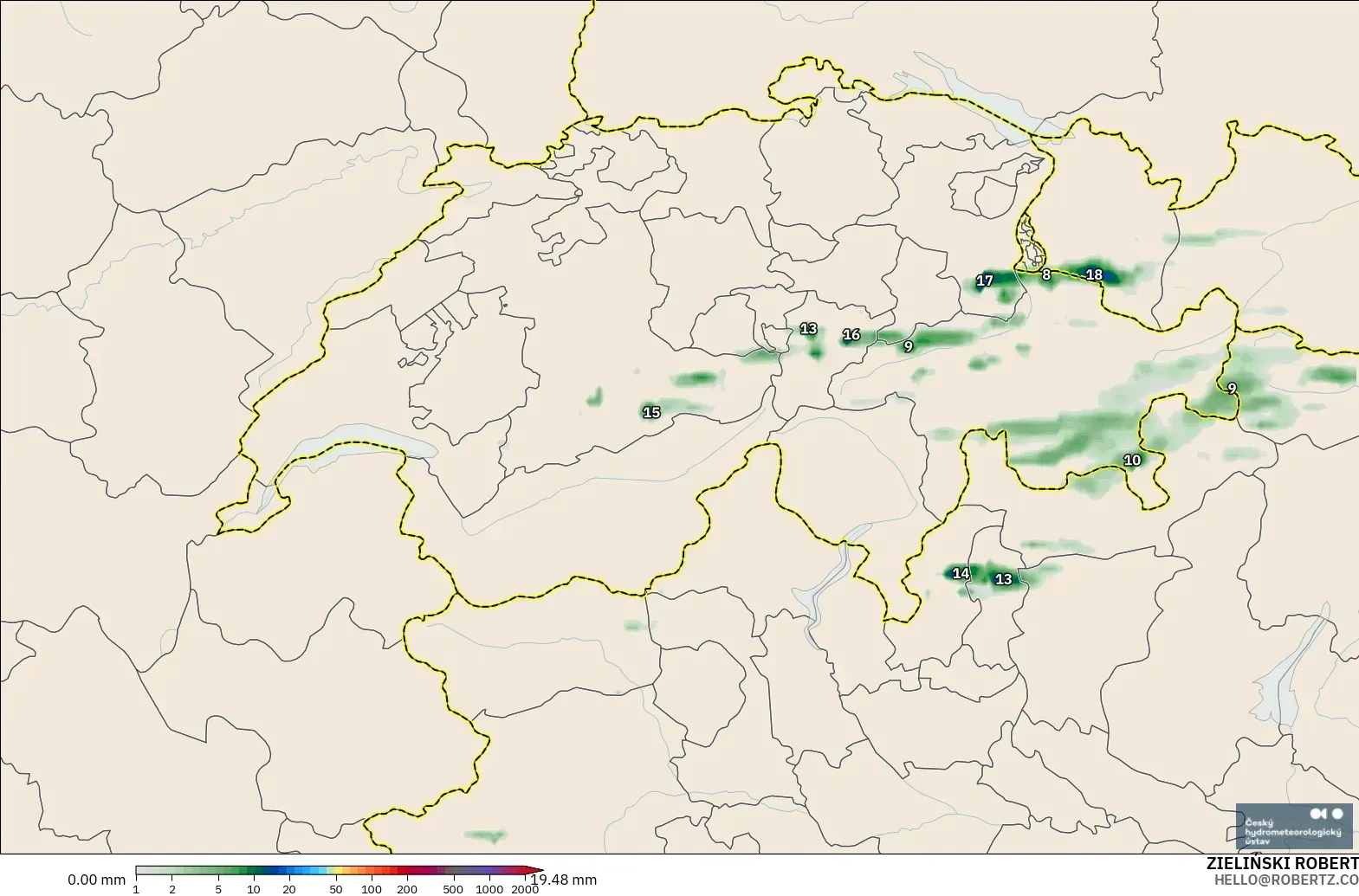ALADIN CZ 2.3 km modelo - Switzerland, Precipitation Accumulation