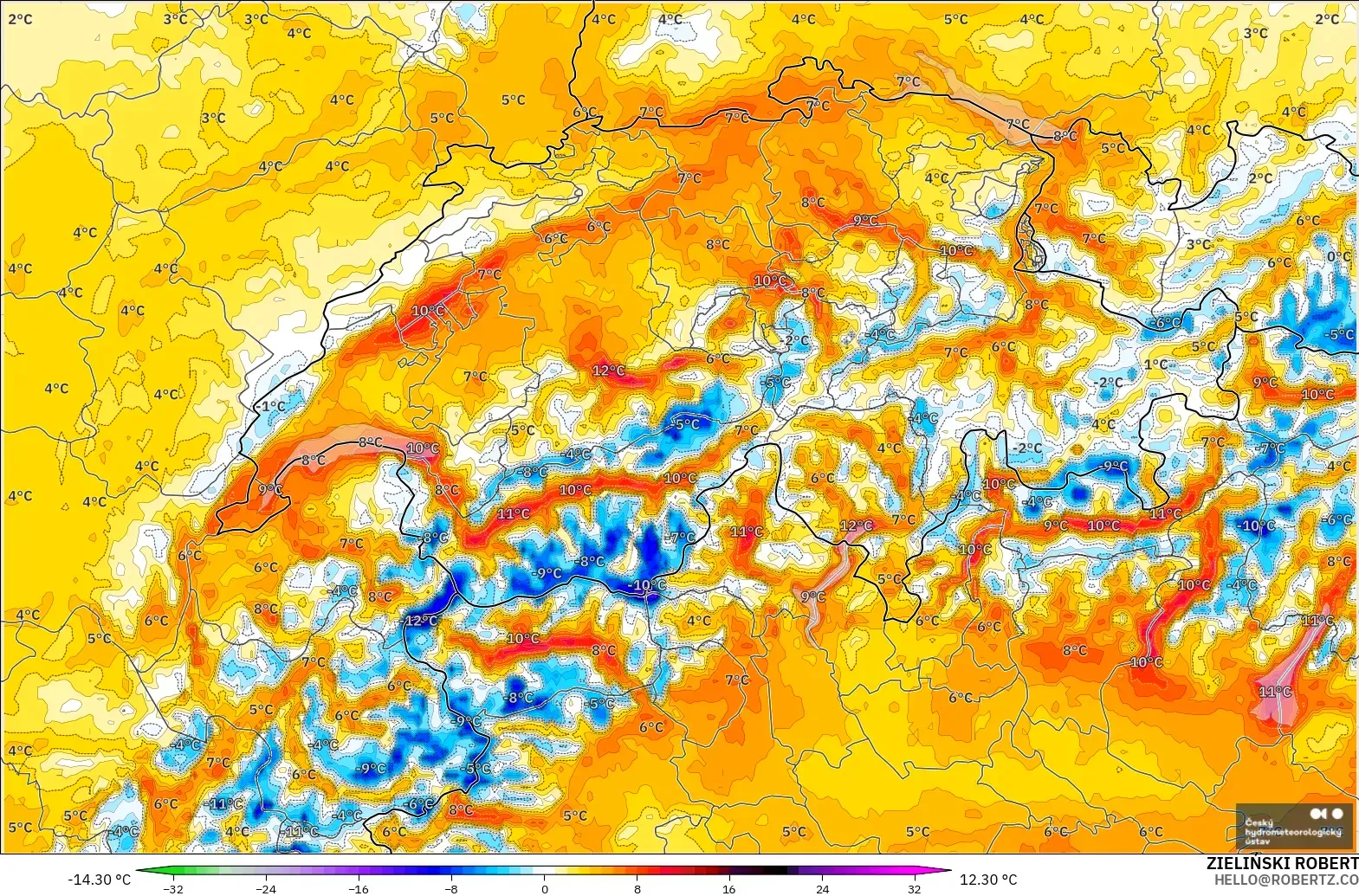 ALADIN CZ 2.3 km modelo - Switzerland, Temperature at 2m Anomaly