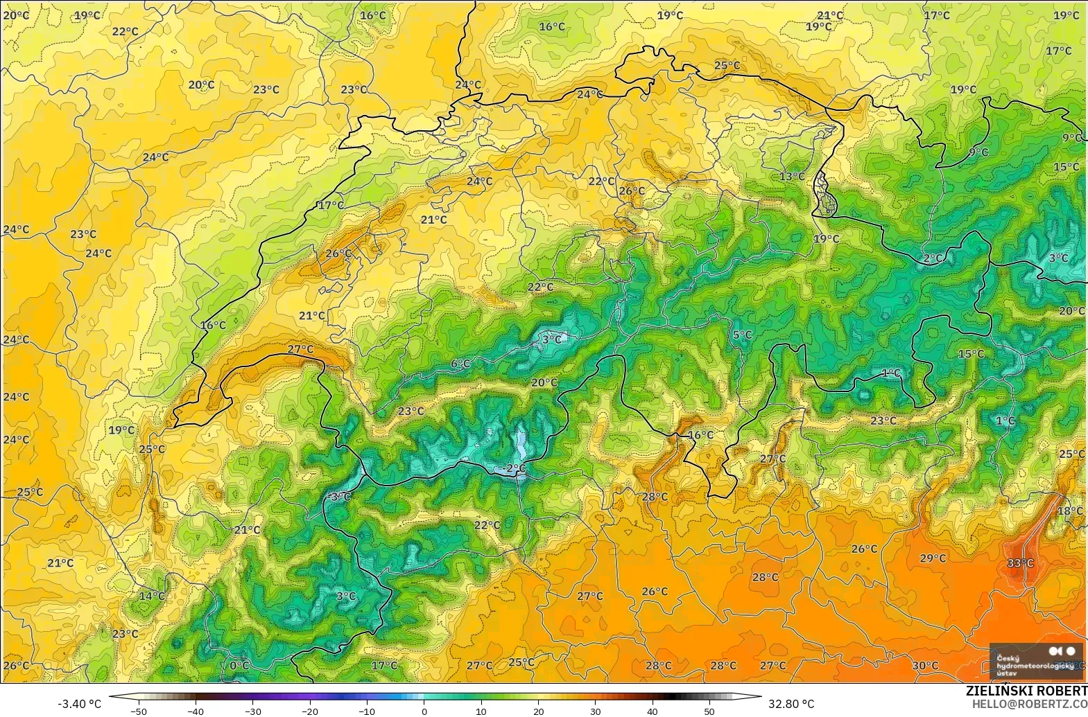 ALADIN CZ 2.3 km modelo - Switzerland, Temperature at 2m