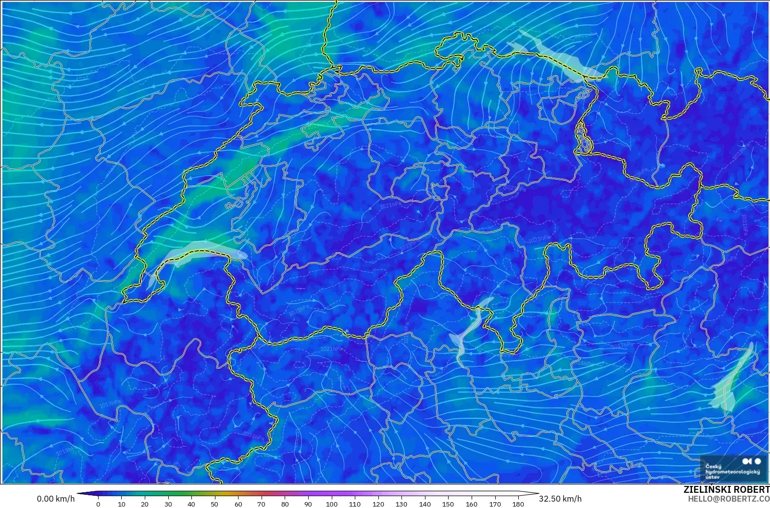 ALADIN CZ 2.3 km modelo - Switzerland, Wind at 10m