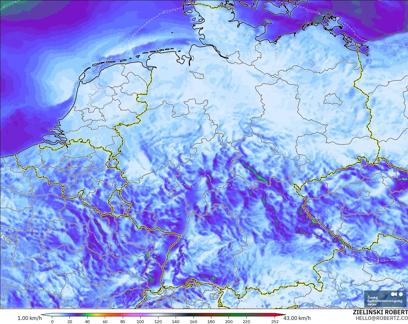ALADIN CZ 2.3 km modelo - Germany, Wind Gusts Peak