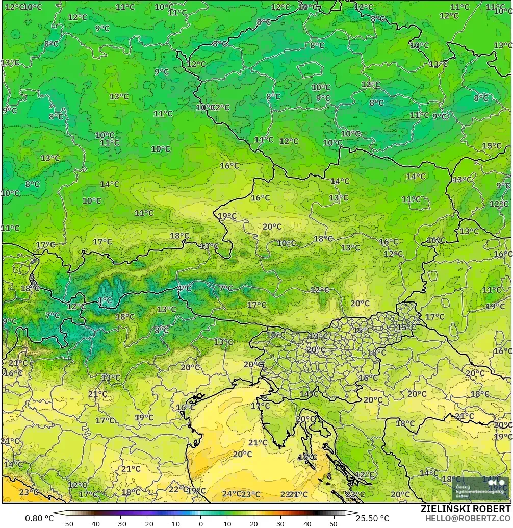 ALADIN CZ 2.3 km modelo - Austria, Dewpoint at 2m