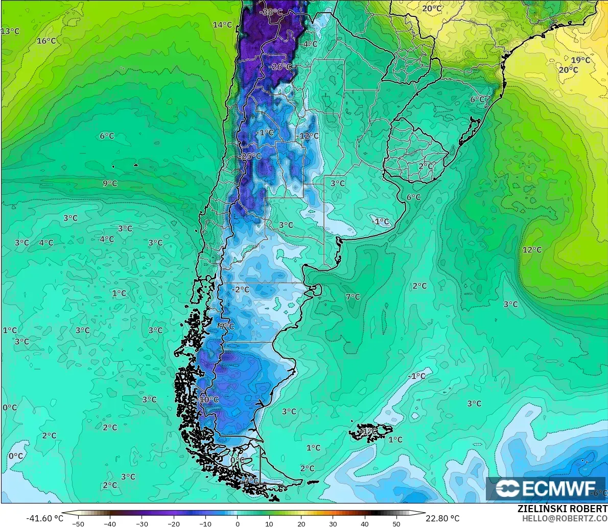 ECMWF IFS 0.25° modelo - Argentina, Dewpoint at 2m