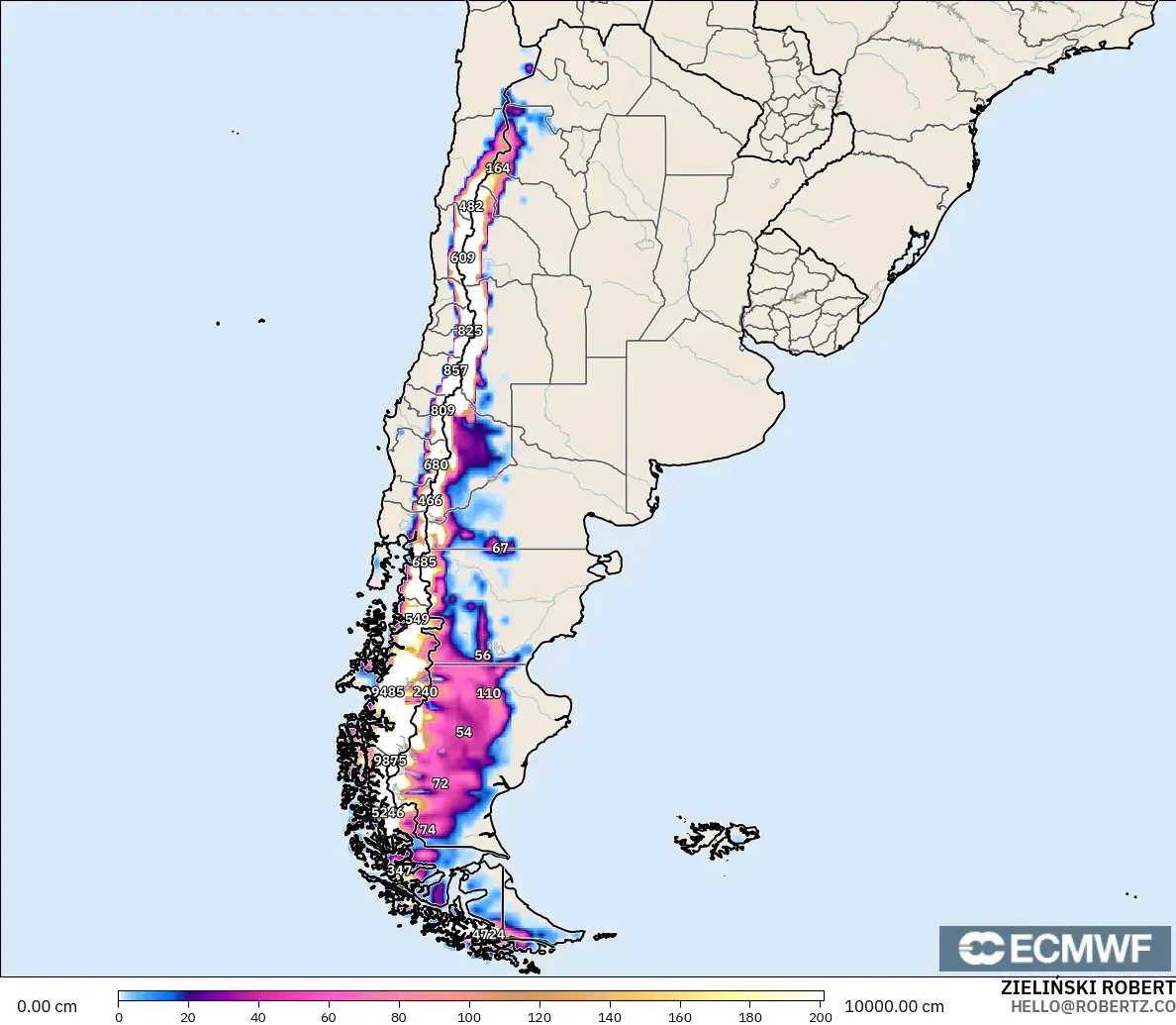 ECMWF IFS 0.25° modelo - Argentina, Snow Depth