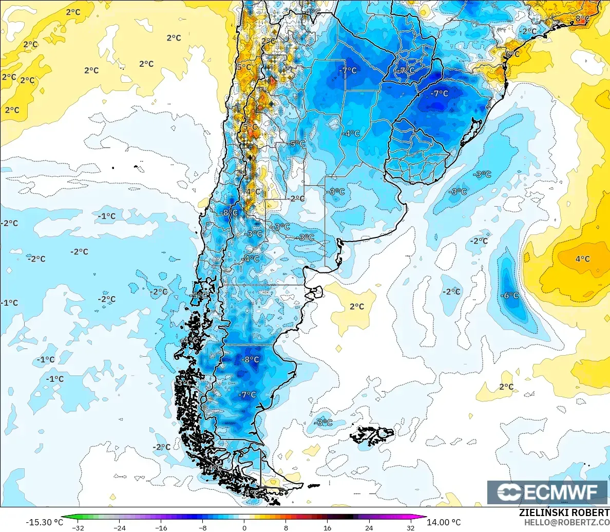 ECMWF IFS 0.25° modelo - Argentina, Temperature at 2m Anomaly