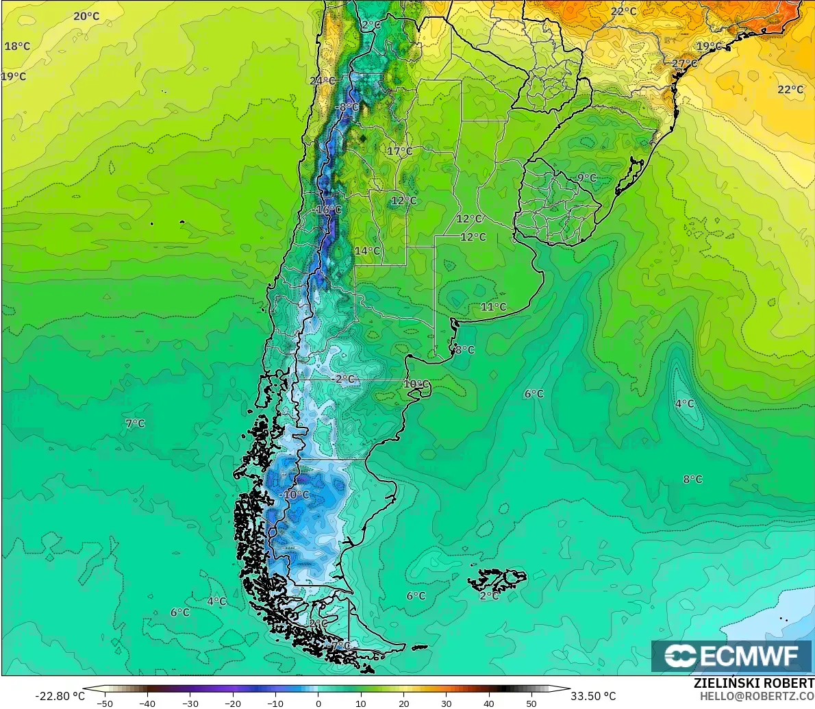 ECMWF IFS 0.25° modelo - Argentina, Temperature at 2m
