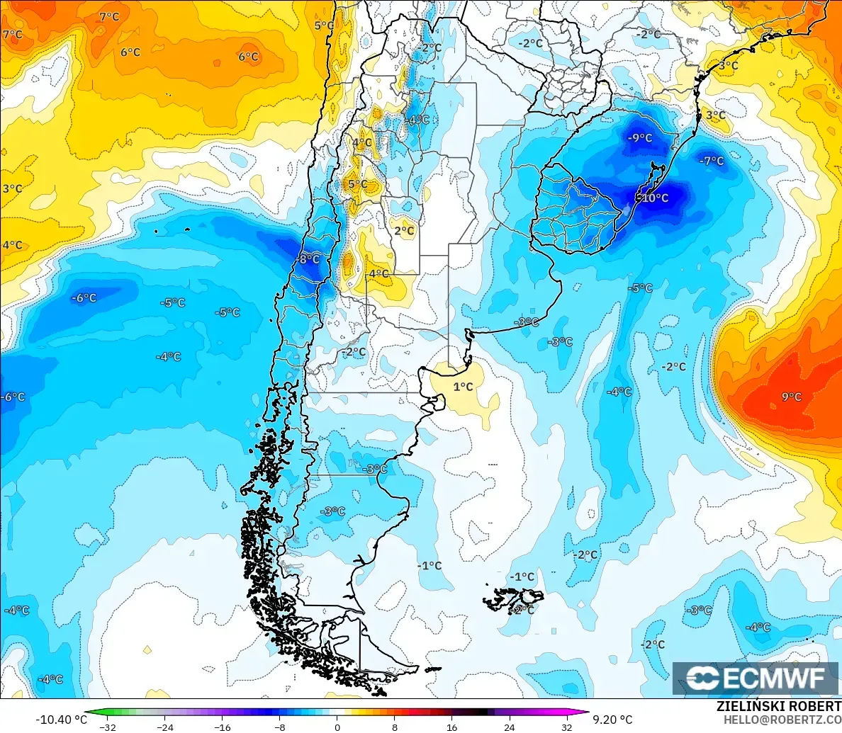 ECMWF IFS 0.25° modelo - Argentina, Temperature at 850hPa Anomaly