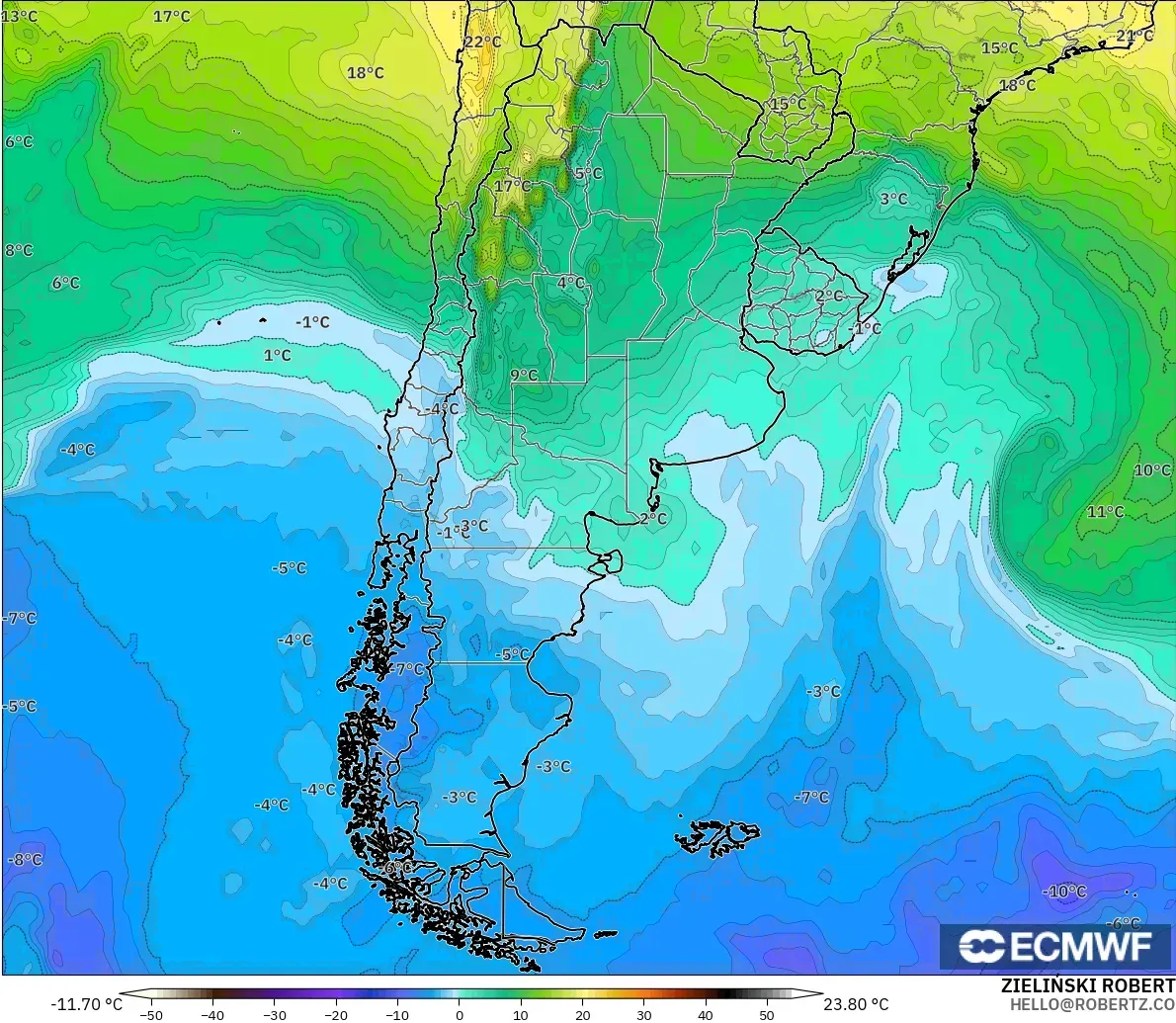 ECMWF IFS 0.25° modelo - Argentina, Temperature at 850hPa