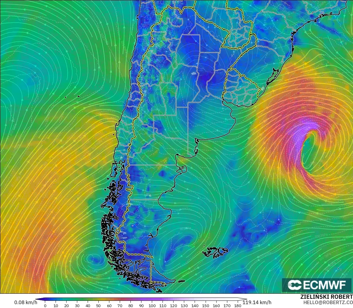 ECMWF IFS 0.25° modelo - Argentina, Wind at 10m