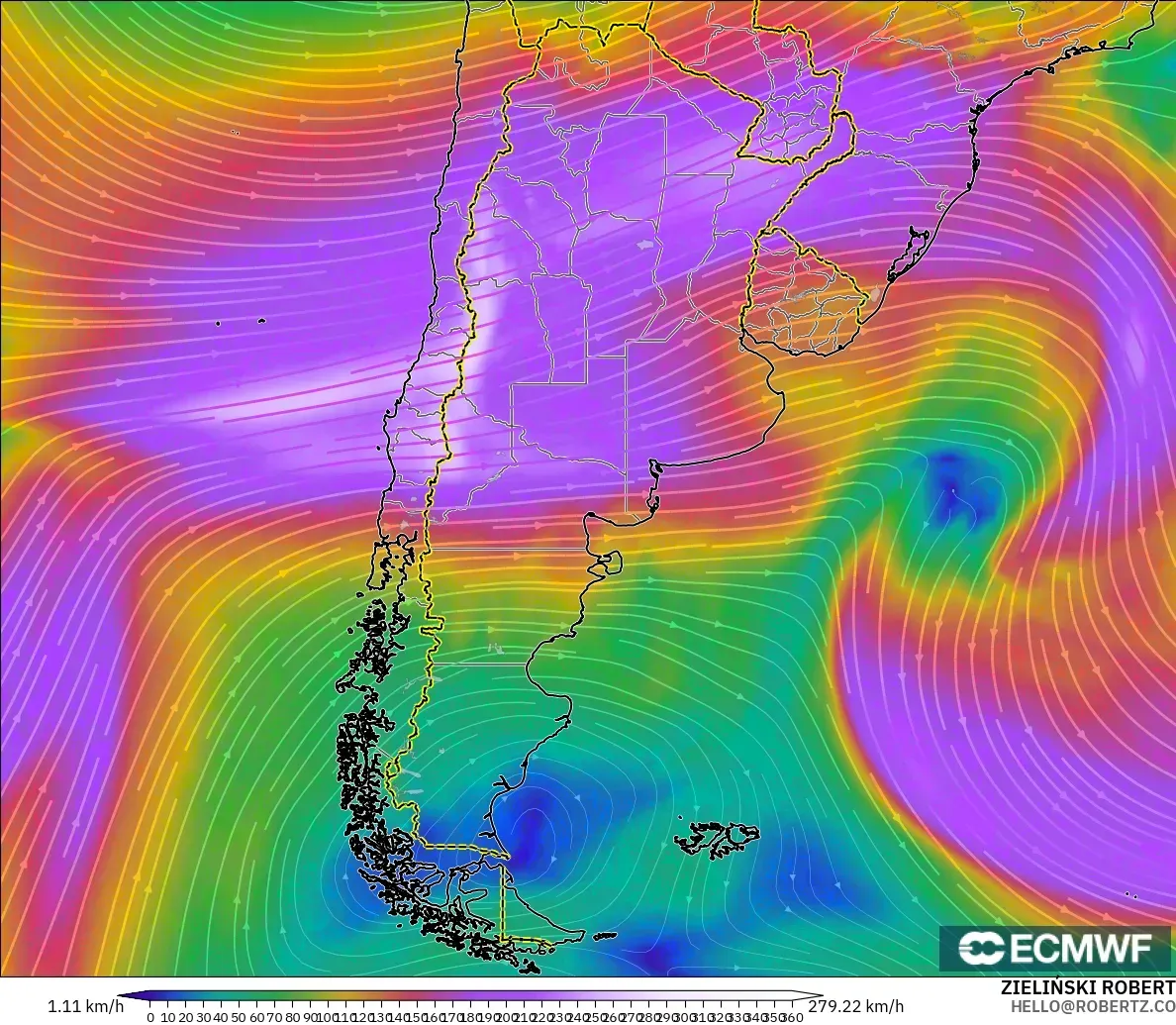 ECMWF IFS 0.25° modelo - Argentina, Wind at 300hPa (jet stream)