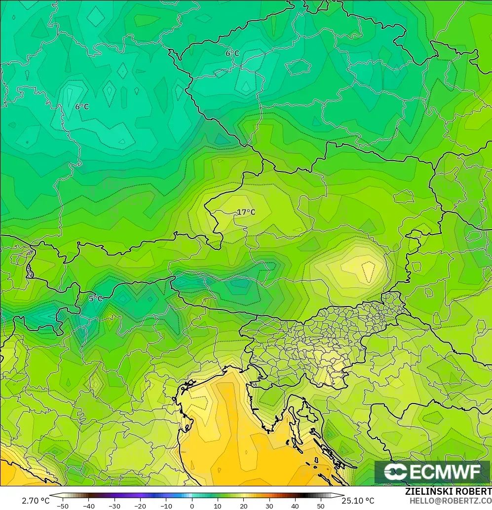 ECMWF IFS 0.25° modelo - Austria, Dewpoint at 2m