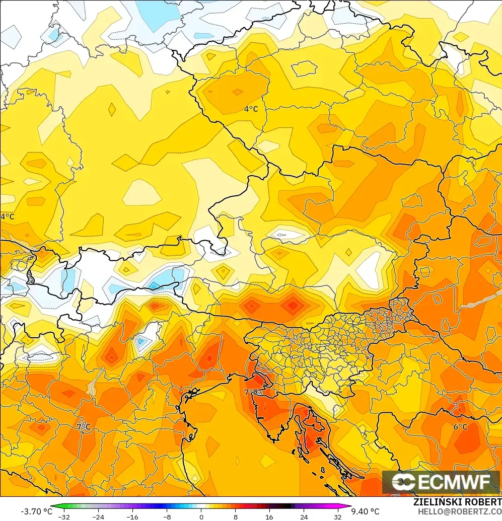 ECMWF IFS 0.25° modelo - Austria, Temperature at 2m Anomaly