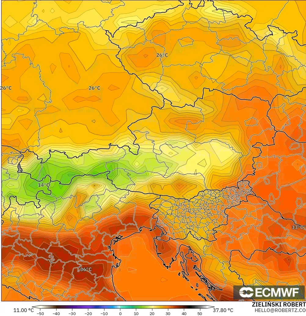 ECMWF IFS 0.25° modelo - Austria, Temperature at 2m