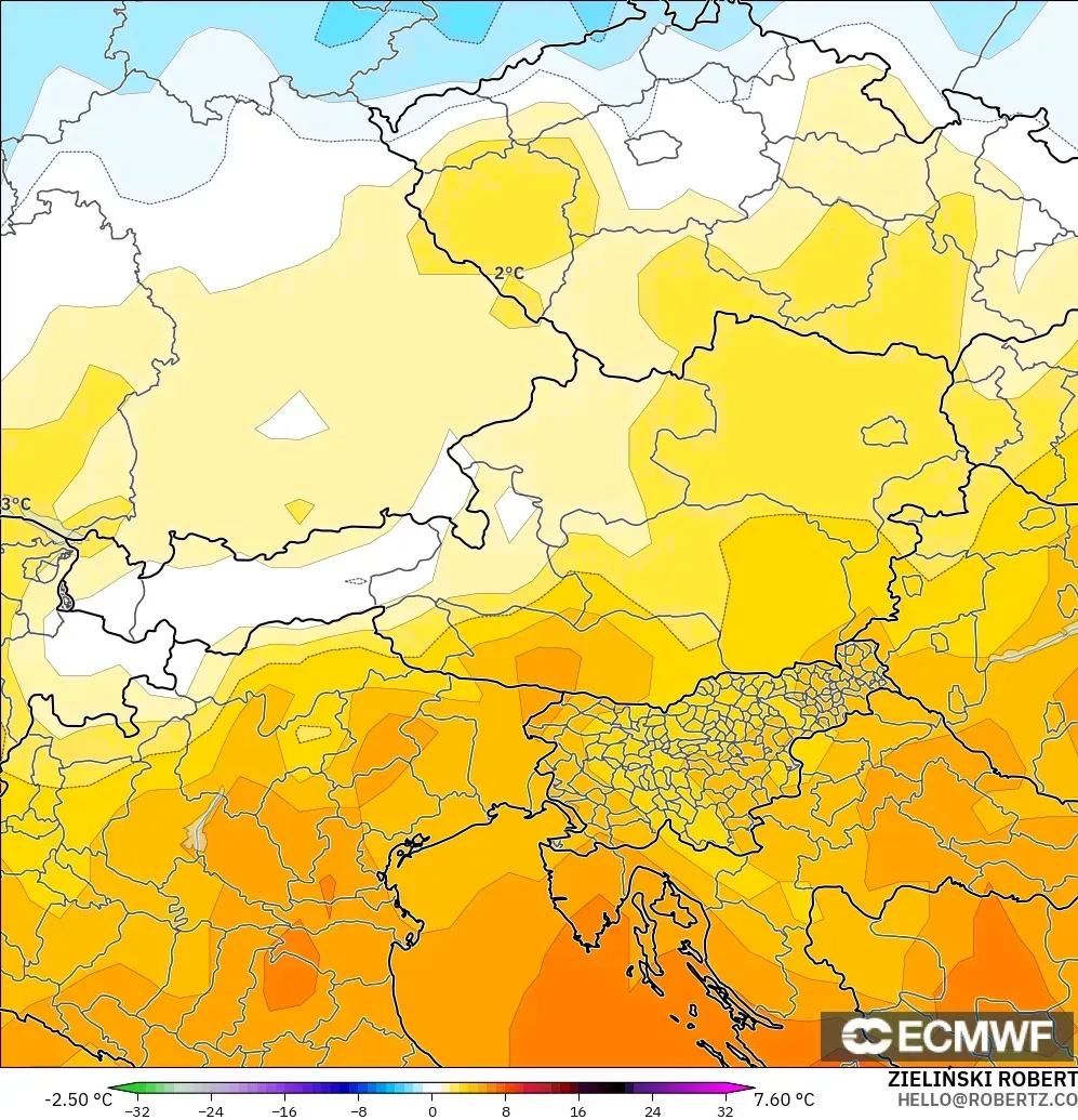 ECMWF IFS 0.25° modelo - Austria, Temperature at 850hPa Anomaly