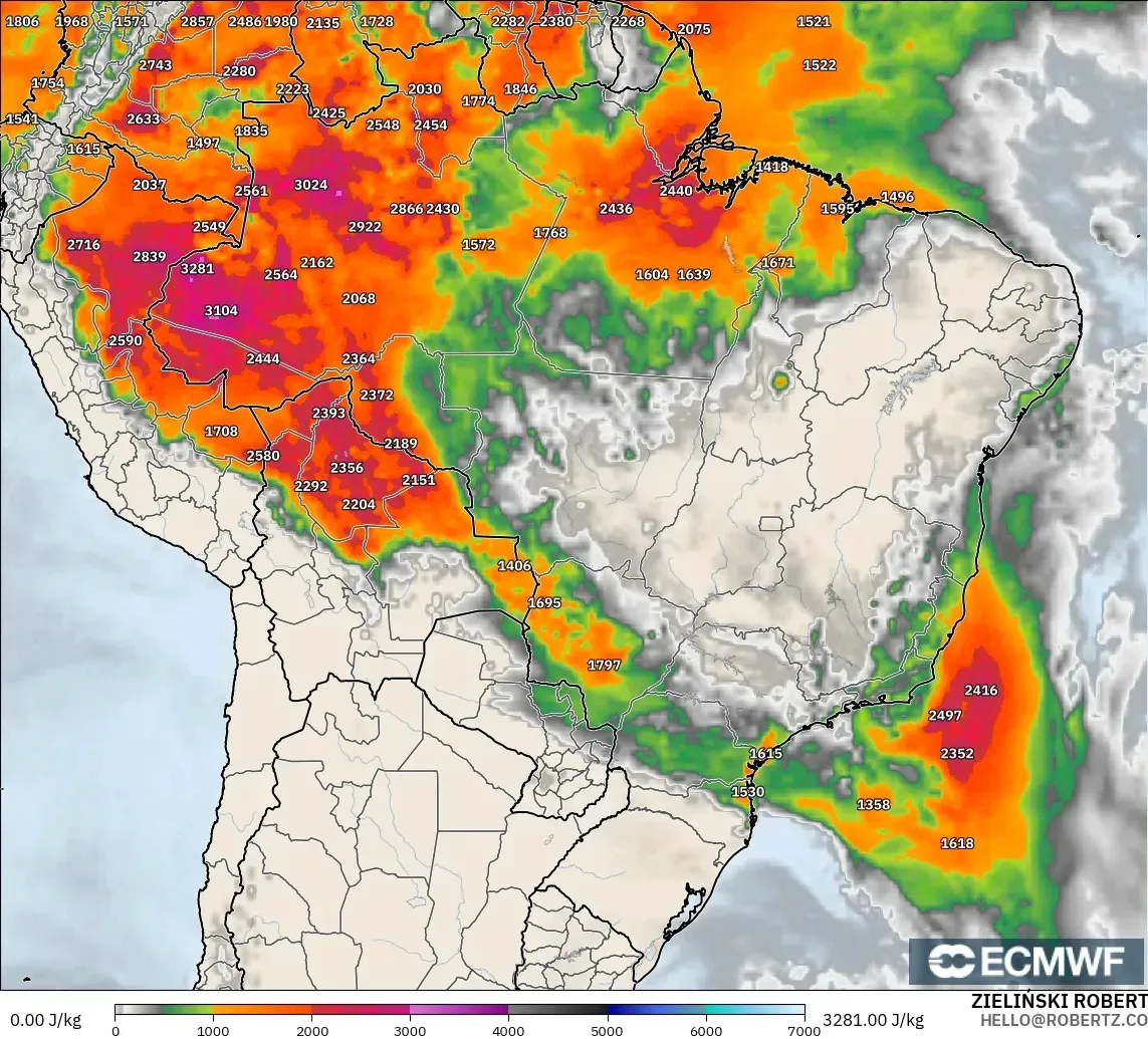 ECMWF IFS 0.25° modelo - Brazil, CAPE