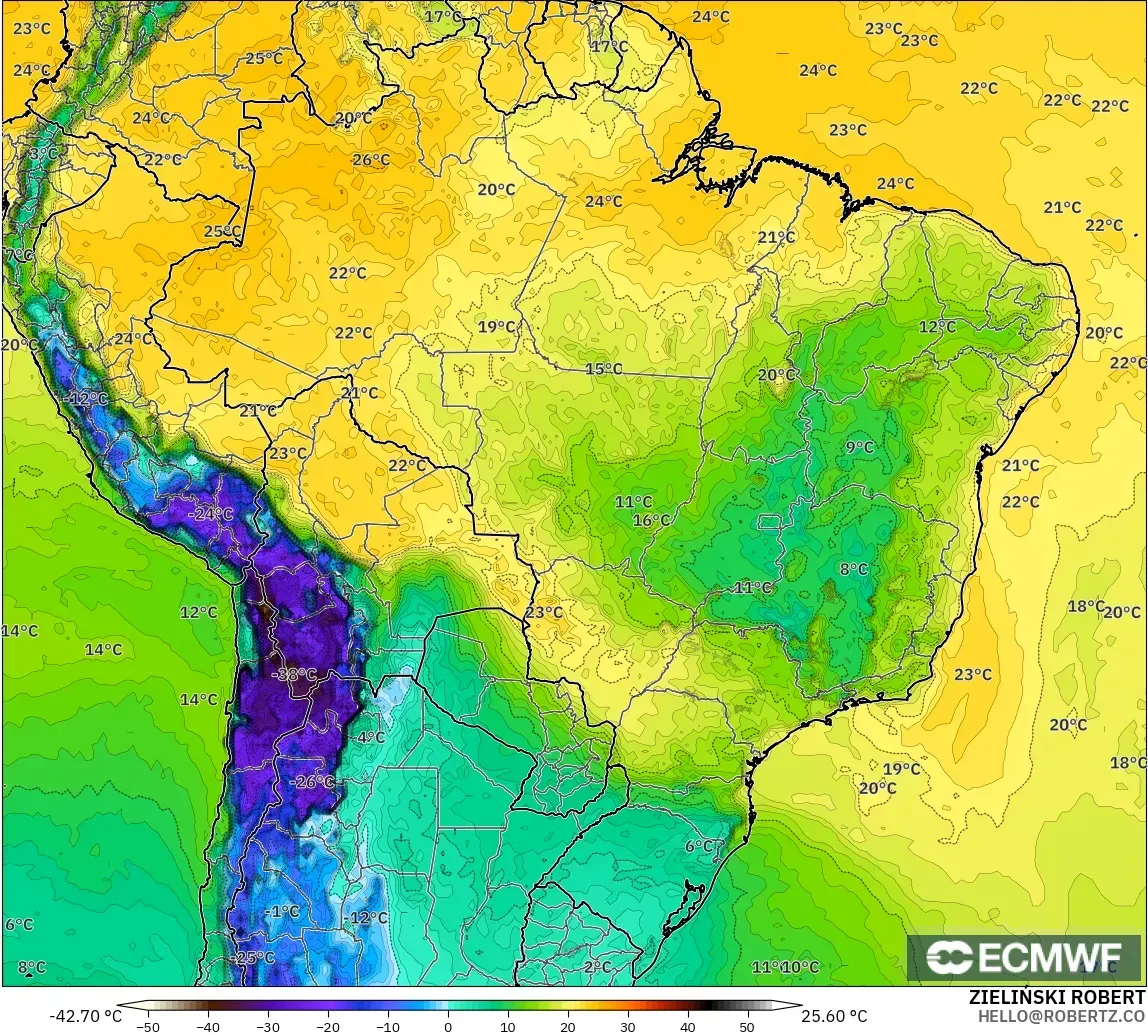 ECMWF IFS 0.25° modelo - Brazil, Dewpoint at 2m