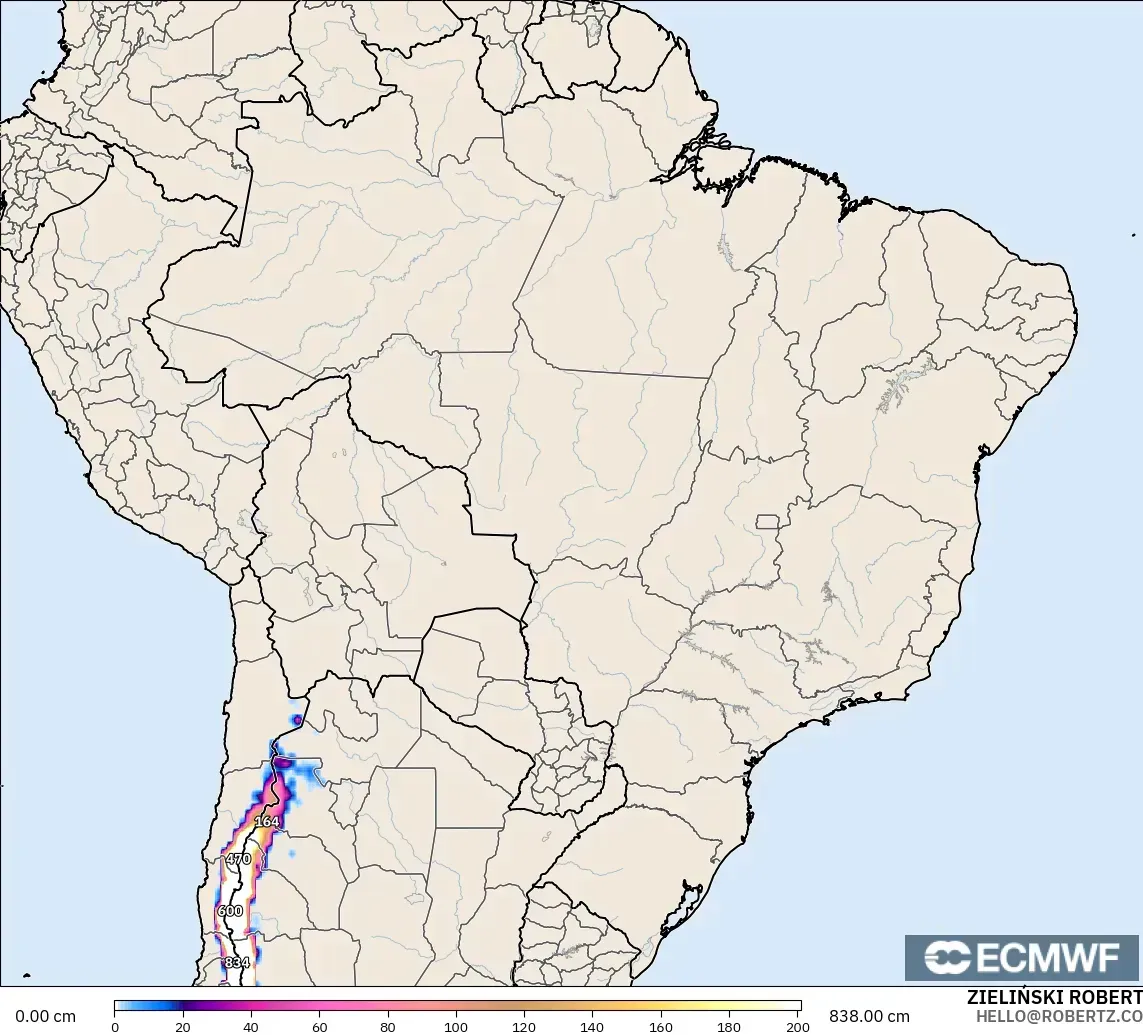 ECMWF IFS 0.25° modelo - Brazil, Snow Depth