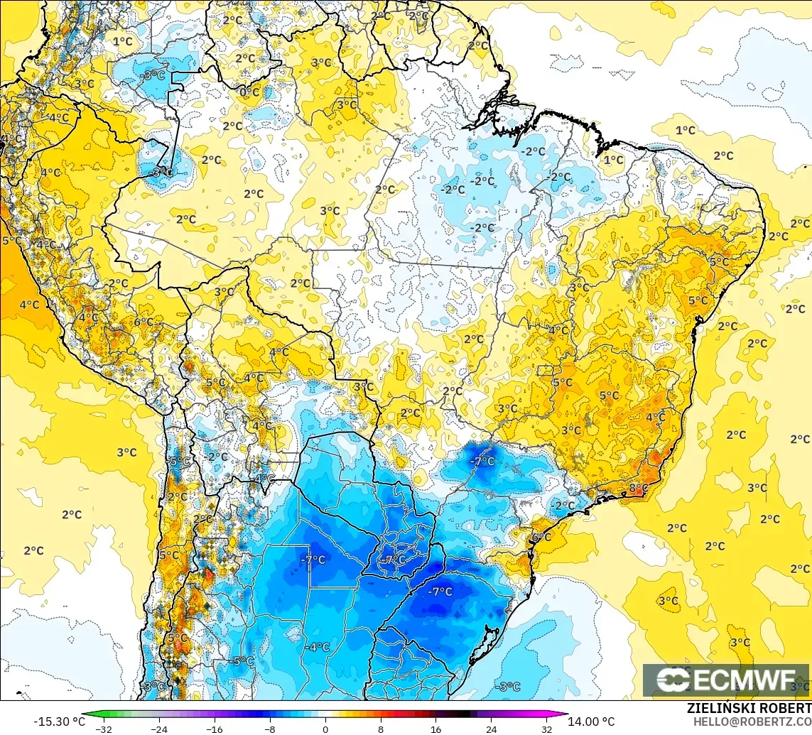 ECMWF IFS 0.25° modelo - Brazil, Temperature at 2m Anomaly
