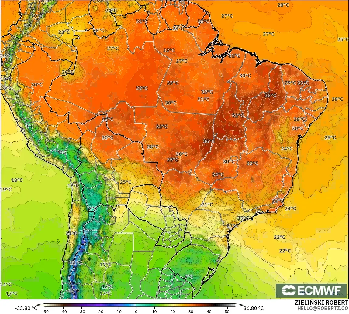 ECMWF IFS 0.25° modelo - Brazil, Temperature at 2m