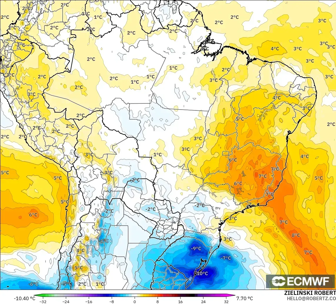ECMWF IFS 0.25° modelo - Brazil, Temperature at 850hPa Anomaly