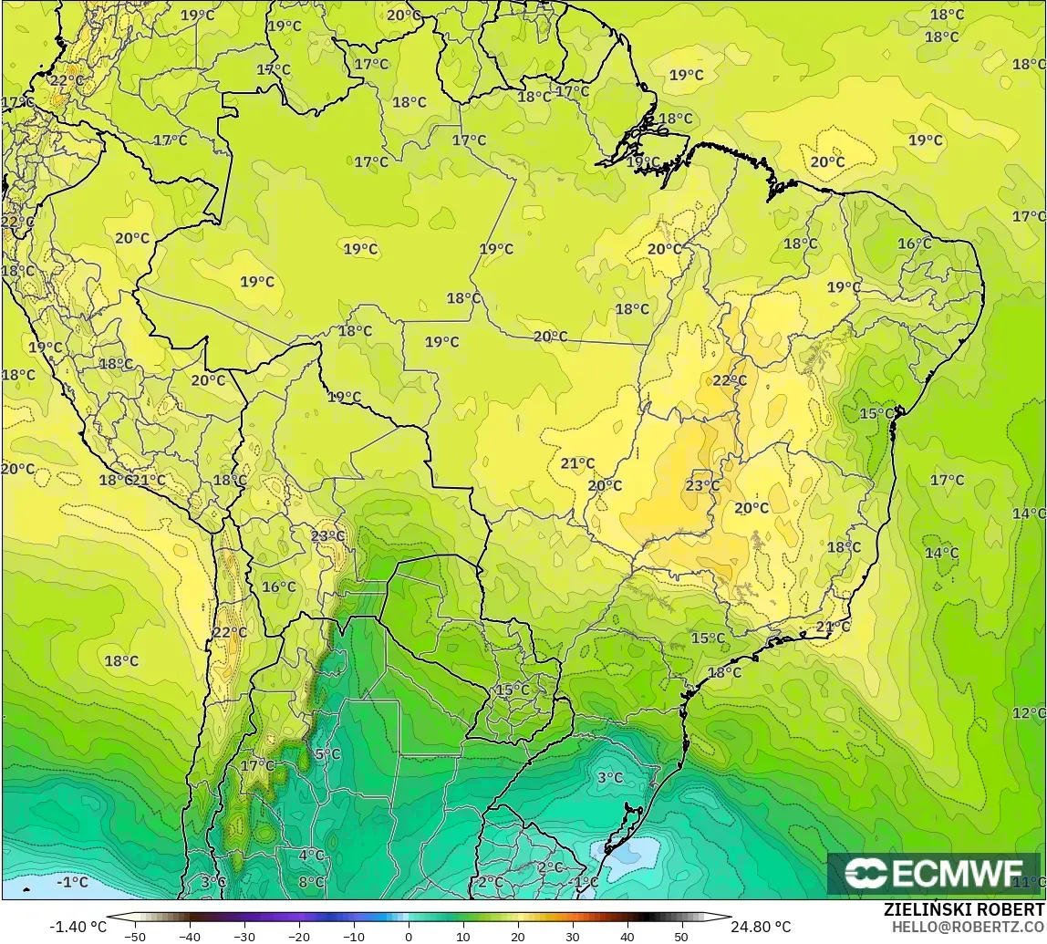 ECMWF IFS 0.25° modelo - Brazil, Temperature at 850hPa