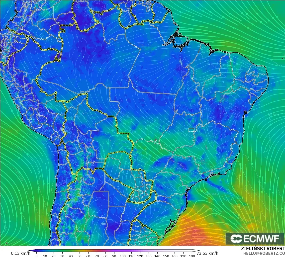 ECMWF IFS 0.25° modelo - Brazil, Wind at 10m