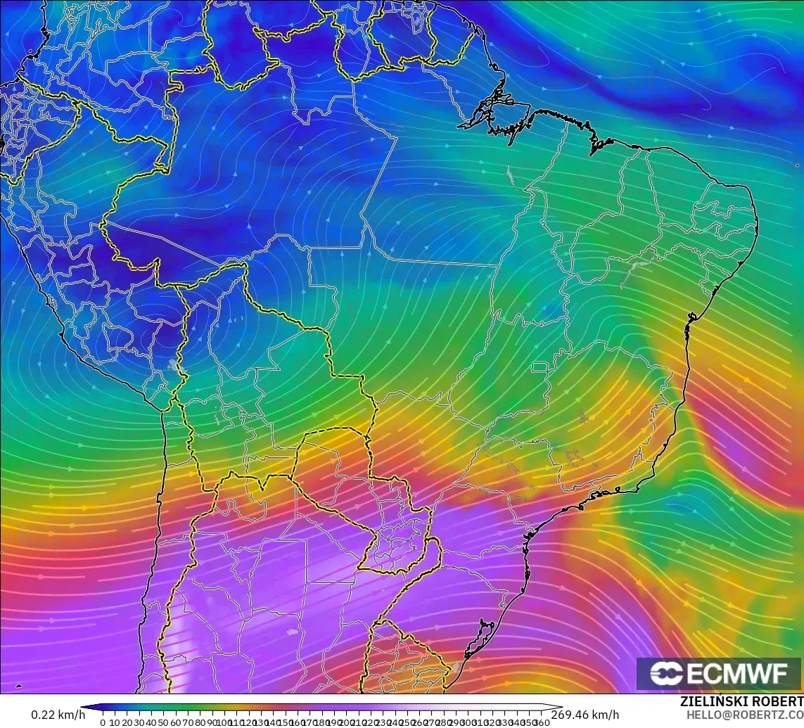 ECMWF IFS 0.25° modelo - Brazil, Wind at 300hPa (jet stream)